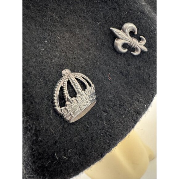 Neiman Marcus Black Wool Beret With Crown & Fleur-De-Lis Pins Made In UK main image 13